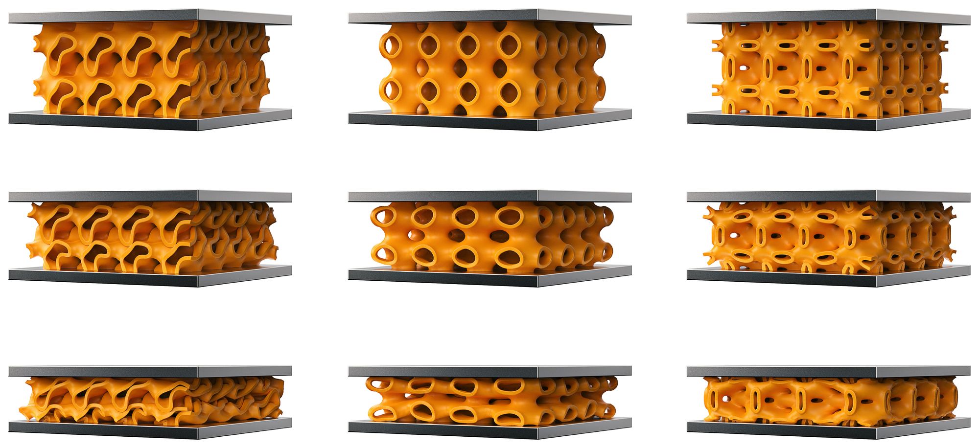 Grid of nine 3D-printed orange lattice structures with varied porous geometries, each sandwiched between two flat black and white plates.
