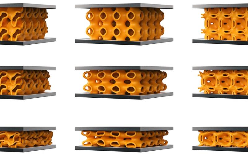 A 3x3 grid of simulations showing triply periodic minimal surface (TPMS) structures in orange under compression between two rigid gray plates. Each row depicts the same TPMS structure undergoing increasing levels of deformation from top to bottom, and each column shows a different TPMS geometry. The shapes display complex, porous internal architectures responding to mechanical load.
