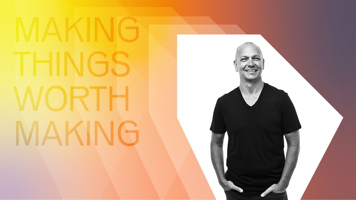 Promotional graphic with the words “Making Things Worth Making” over a yellow-to-purple gradient background, alongside a black-and-white portrait of Tony Fadell wearing a black T-shirt, standing casually with hands in his pockets.