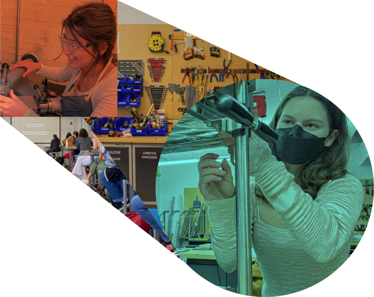 A Orange, Purple, and teal collage of students working within a metal shop. The first student is using a type of drill press while wearing safety goggles. The middle image shows a neatly organized workshop wall full of tools. the Lower image features a different student adjusting the drill press.