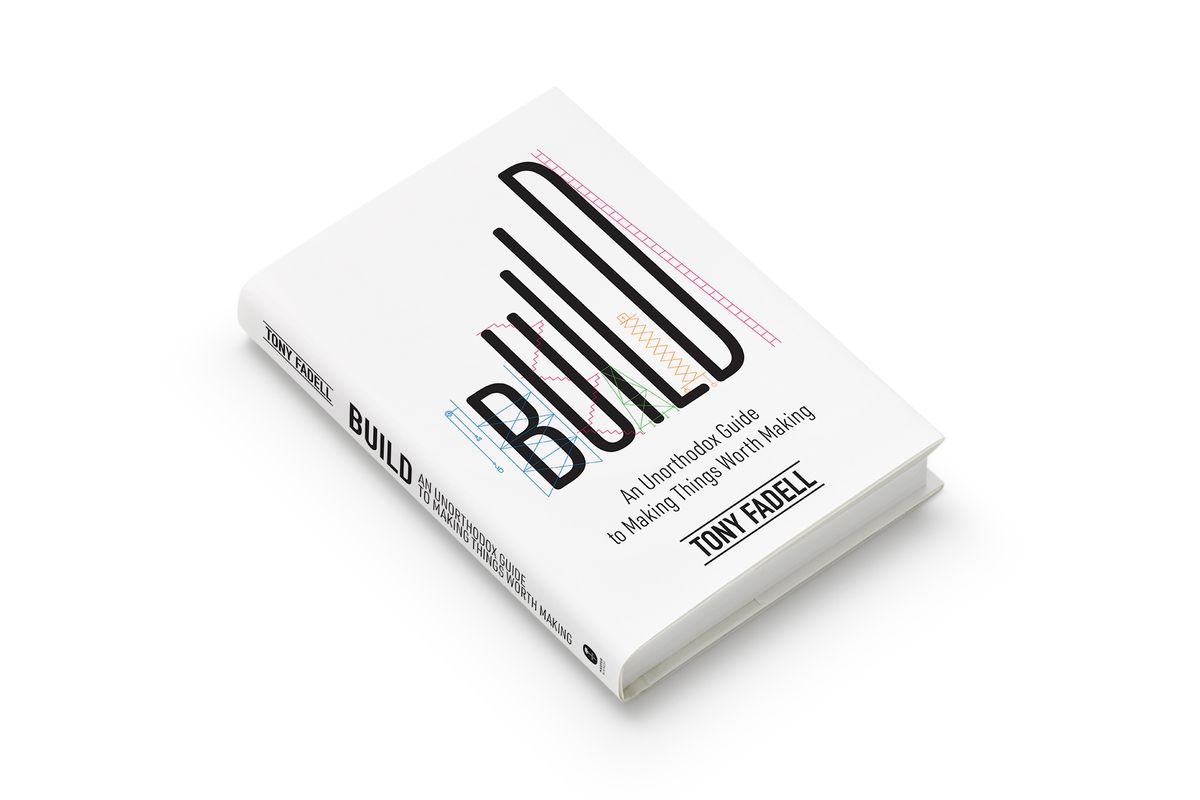 Hardcover book titled "Build: An Unorthodox Guide to Making Things Worth Making" by Tony Fadell. The white cover features the word “BUILD” in large black letters, overlaid with colorful schematic and stitched patterns. The book is shown angled on a white background.