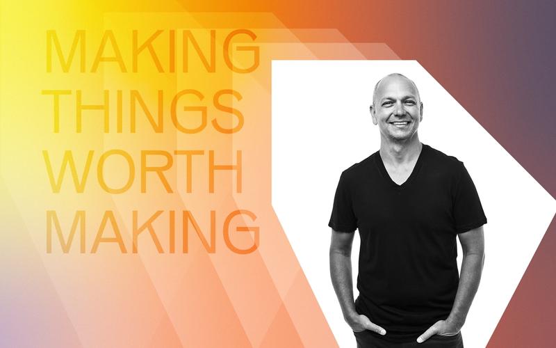 Promotional graphic with the words “Making Things Worth Making” over a yellow-to-purple gradient background, alongside a black-and-white portrait of Tony Fadell wearing a black T-shirt, standing casually with hands in his pockets.