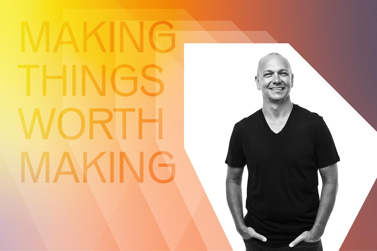 Promotional graphic with the words “Making Things Worth Making” over a yellow-to-purple gradient background, alongside a black-and-white portrait of Tony Fadell wearing a black T-shirt, standing casually with hands in his pockets.