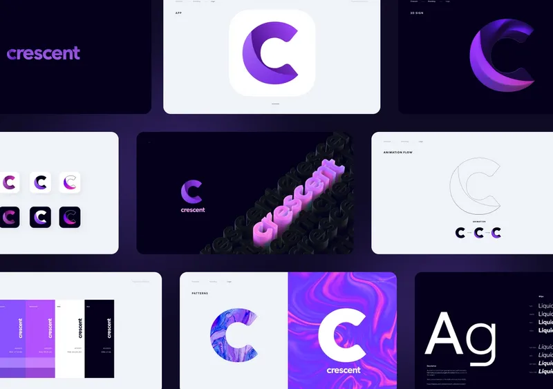 Various designs of the Crescent mobile app including the logo on different backgrounds
