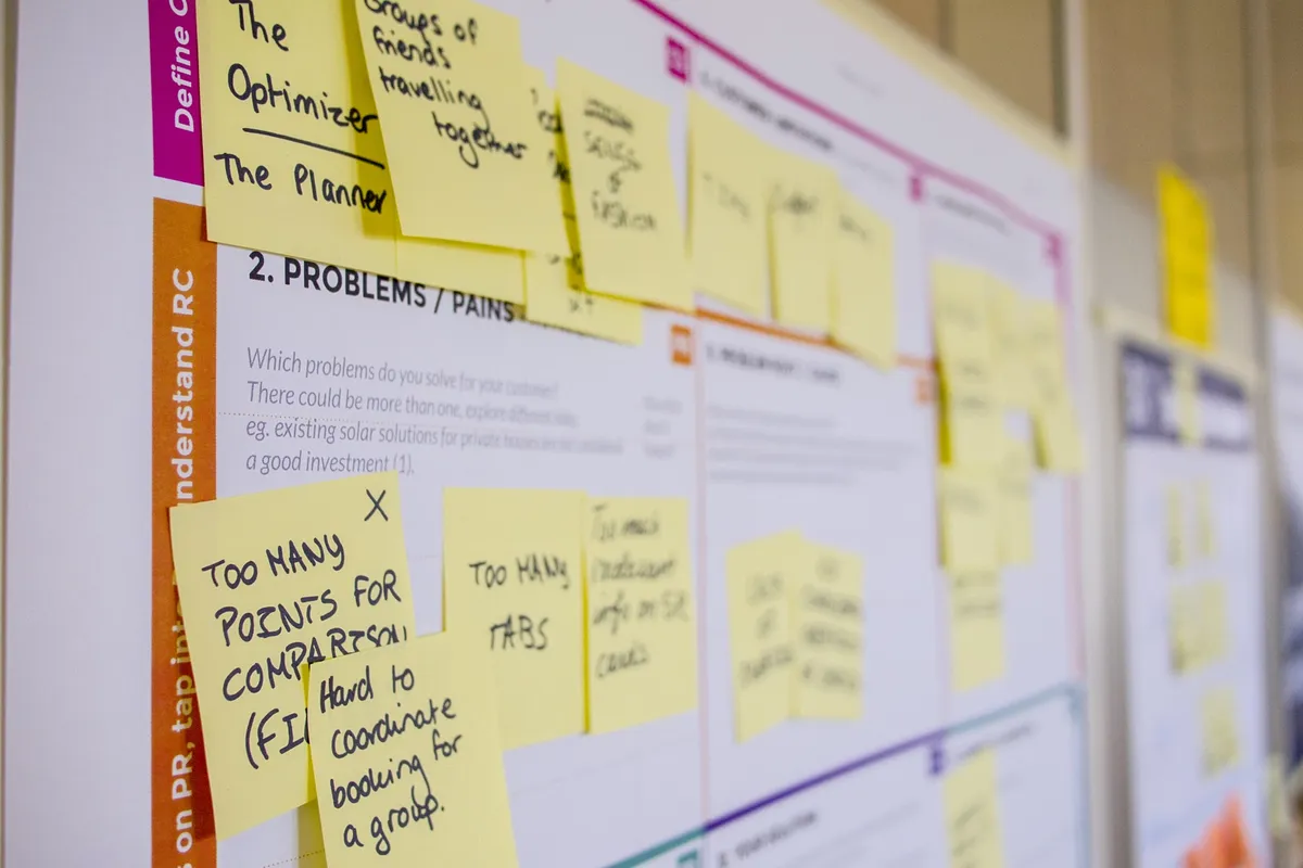A series of post-it notes around a workflow to determine how to improve user experience