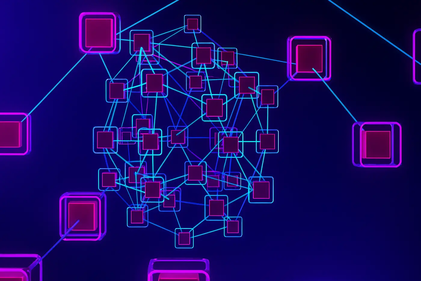 3D illustration of connected cubes representing a Multi-Agent System in a decentralized network.