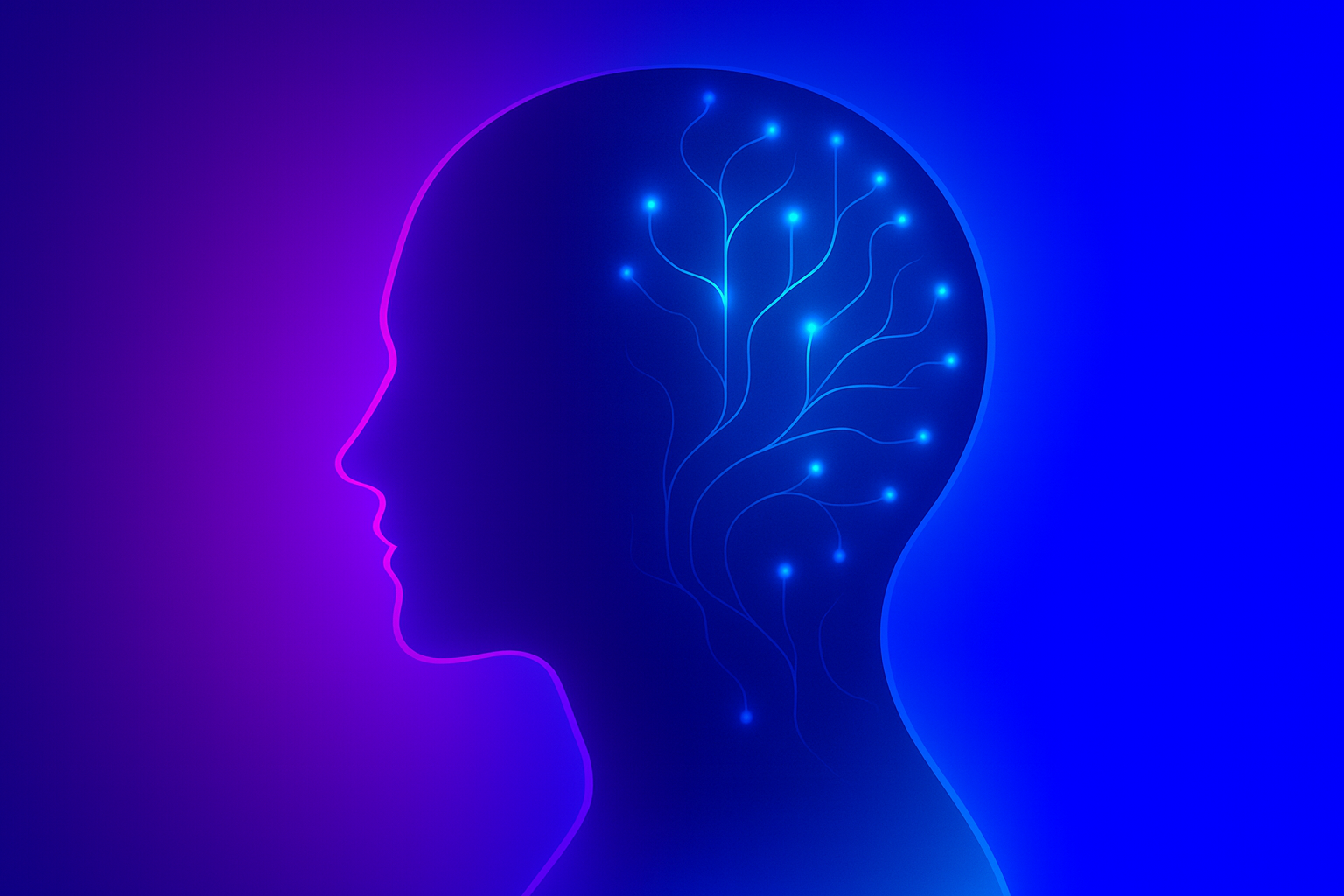 Abstract profile of a human head glowing with neural connections, symbolizing the fusion of people and AI in a Custom Company GPT.