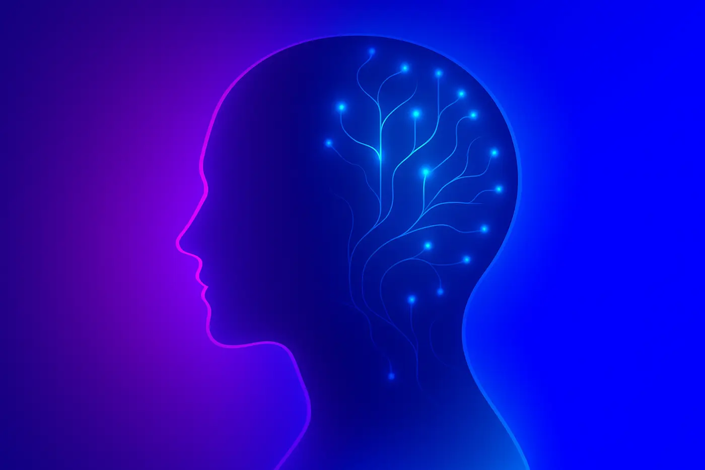 Abstract profile of a human head glowing with neural connections, symbolizing the fusion of people and AI in a Custom Company GPT.