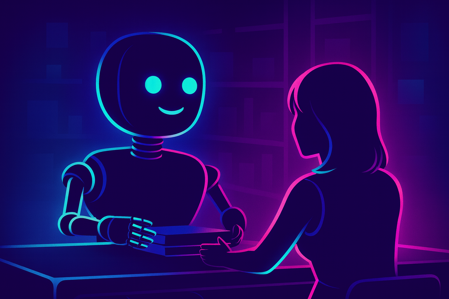 A friendly humanoid robot conducting an interview with a woman, illustrating HR automation, AI-driven recruitment, and automated candidate screening.