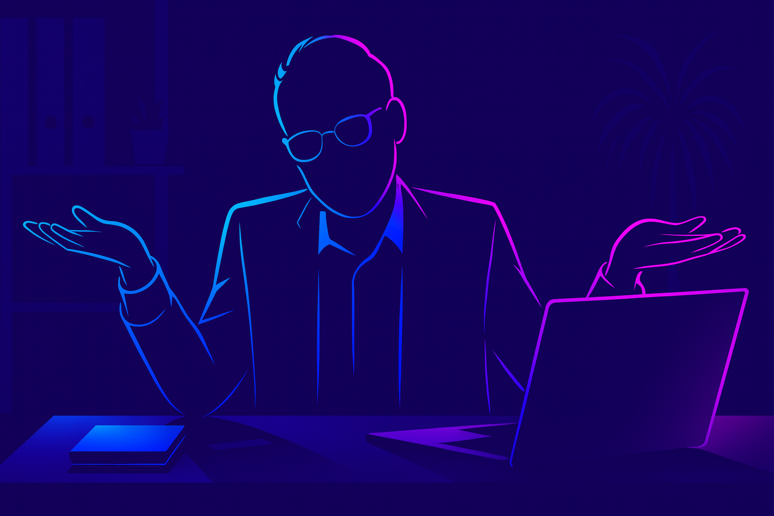 Neon illustration of a person shrugging at a laptop, representing uncertainty around project estimates.