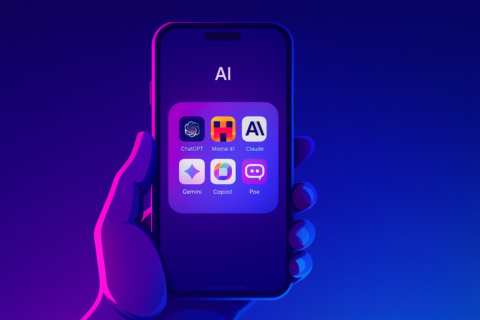 A person holding a smartphone with an "AI" folder visible on the screen, with six generative AI app icons contained within it: ChatGPT, Mistral AI, Claude, Gemini, Copilot, and Poe.