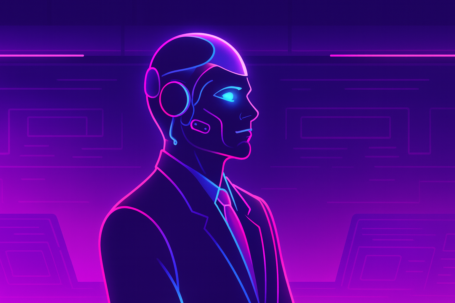 Neon-outlined figure in business attire wearing headset during virtual interview, representing AI recruiting and automated candidate screening