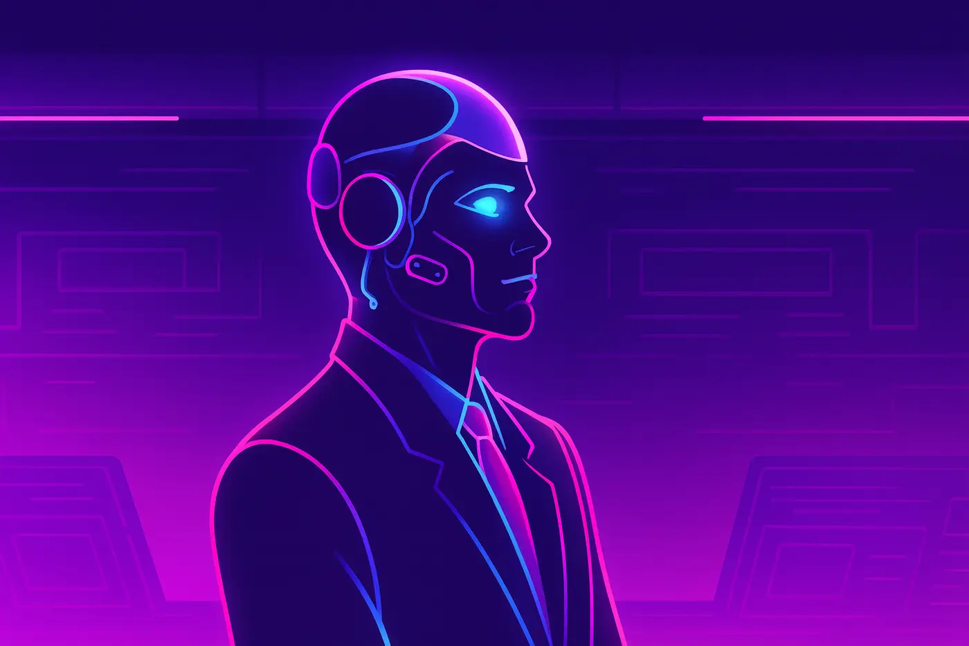 Neon-outlined figure in business attire wearing headset during virtual interview, representing AI recruiting and automated candidate screening