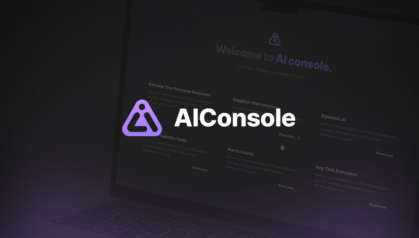 AIConsole logo in purple displayed prominently over a dark laptop screen background with the words ‘Welcome to AI console’ and feature descriptions in the interface.