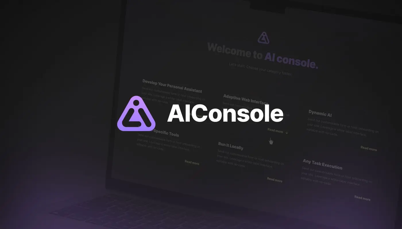 AIConsole logo in purple displayed prominently over a dark laptop screen background with the words ‘Welcome to AI console’ and feature descriptions in the interface.