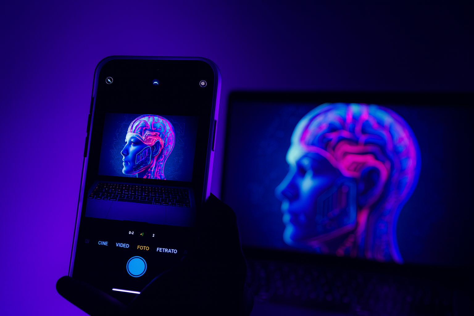 A smartphone captures a glowing digital head illustration on a laptop screen, symbolizing the concept of an AI Agent.