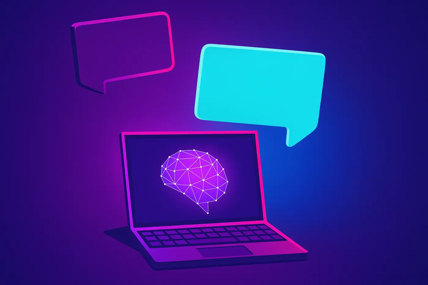 Laptop with brain graphic and speech bubbles, representing Natural Language Processing (NLP) technology.