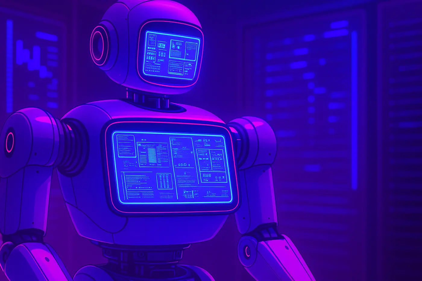 A robot's glowing screen symbolizes machine learning, processing vast data to uncover patterns and insights.