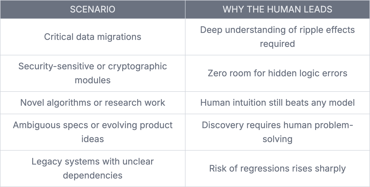 Table listing scenarios where humans lead AI-assisted development and the reasons human judgment is required.