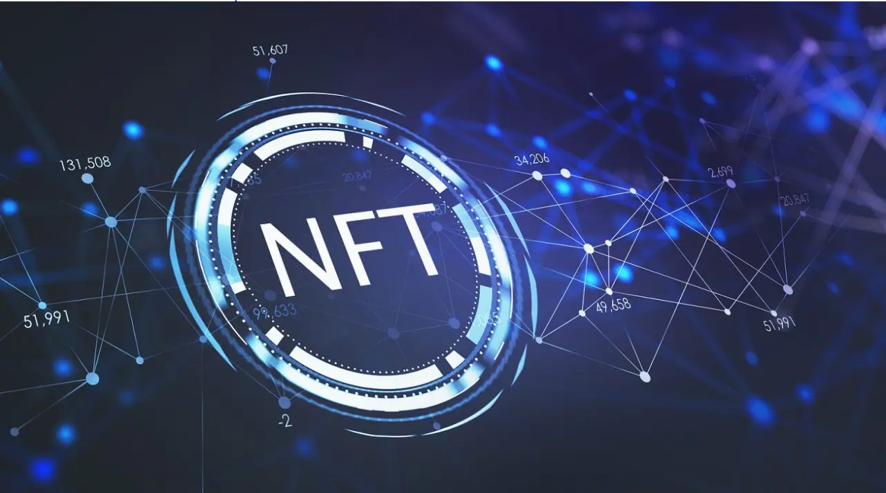 NFT sign in lights on a blue background. 