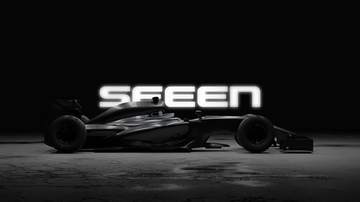 SEEEN logo in black and white featuring a racing car