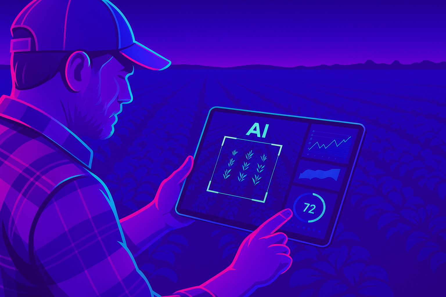 A farmer in a cap and plaid shirt uses a tablet in a crop field, viewing AI automation software that analyzes plant growth with charts and performance metrics.