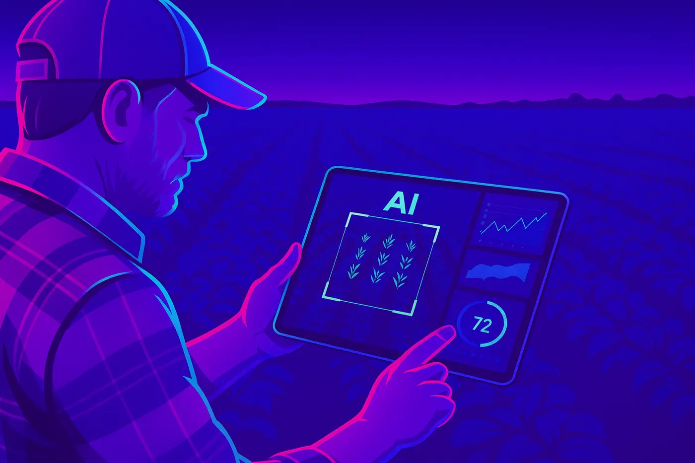 A farmer in a cap and plaid shirt uses a tablet in a crop field, viewing AI automation software that analyzes plant growth with charts and performance metrics.