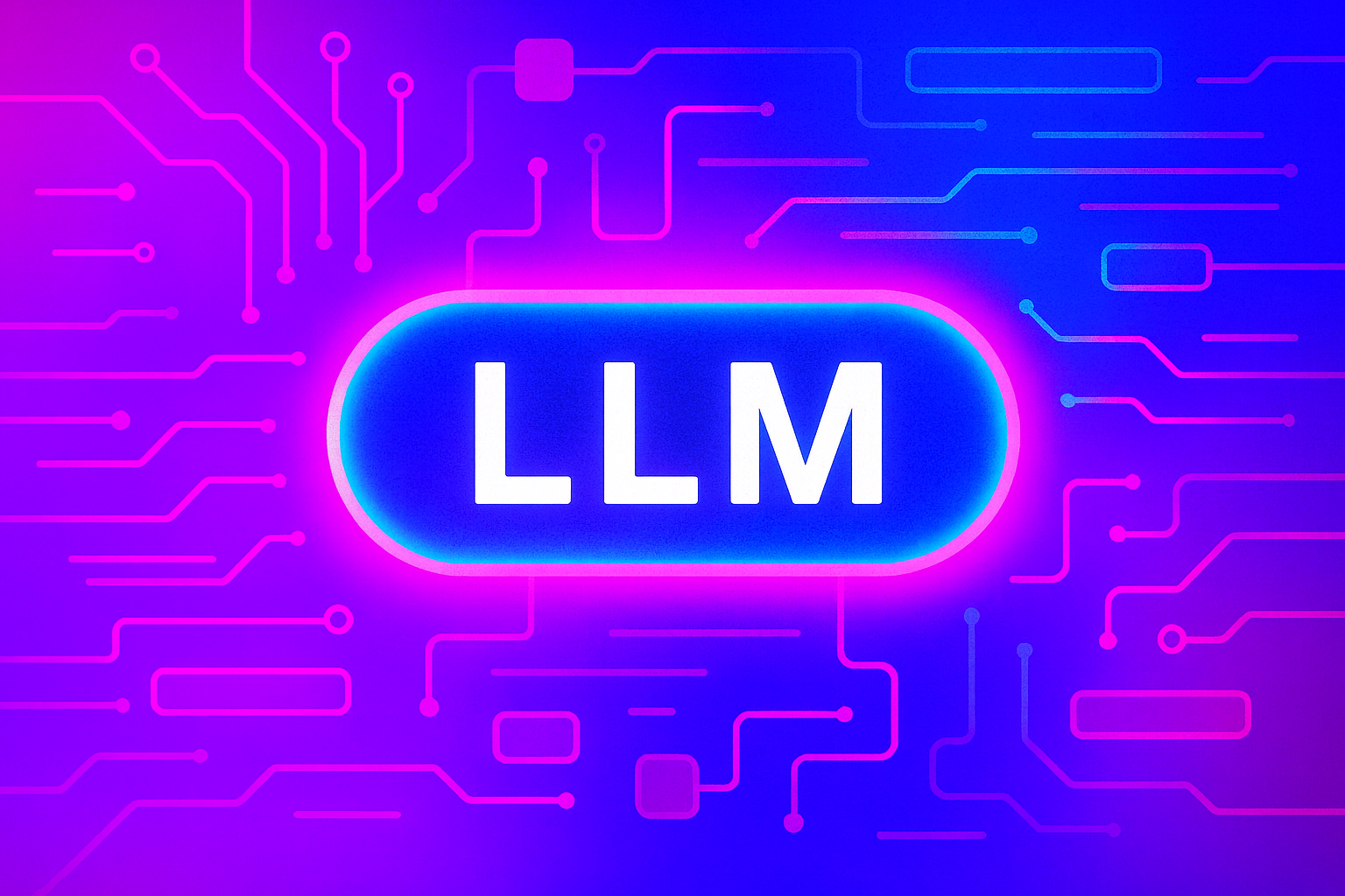 Glowing "LLM" text in a neon capsule, surrounded by circuit lines, representing a Large Language Model.