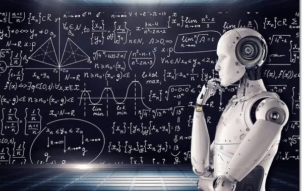 A white robot against a background of equations