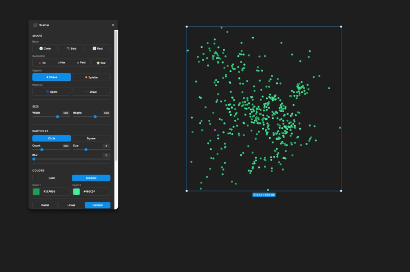 Overview of scatter plugin menu in figma canvas with green scatter output