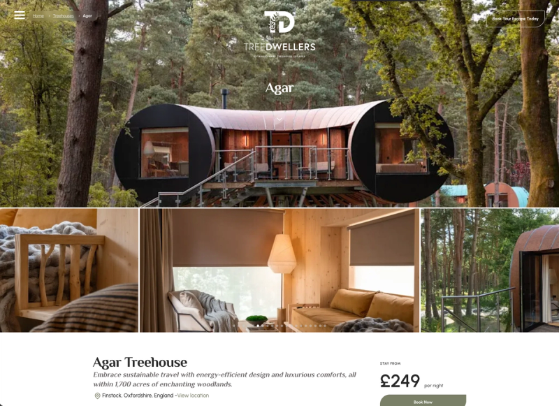 Treehouse page showing the agar treehouse images, pricing and book now button