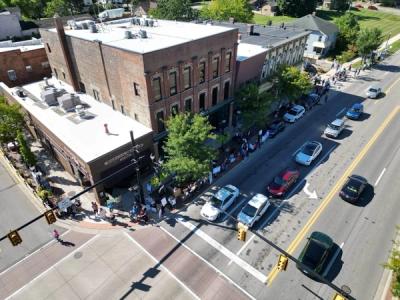 Aerial view looking southwest showing the intersection of Michigan Avenue and S. Ann Arbor.