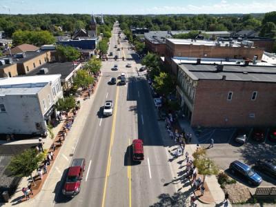 Aerial view looking east showing the intersection of Michigan Avenue and Ann Arbor.