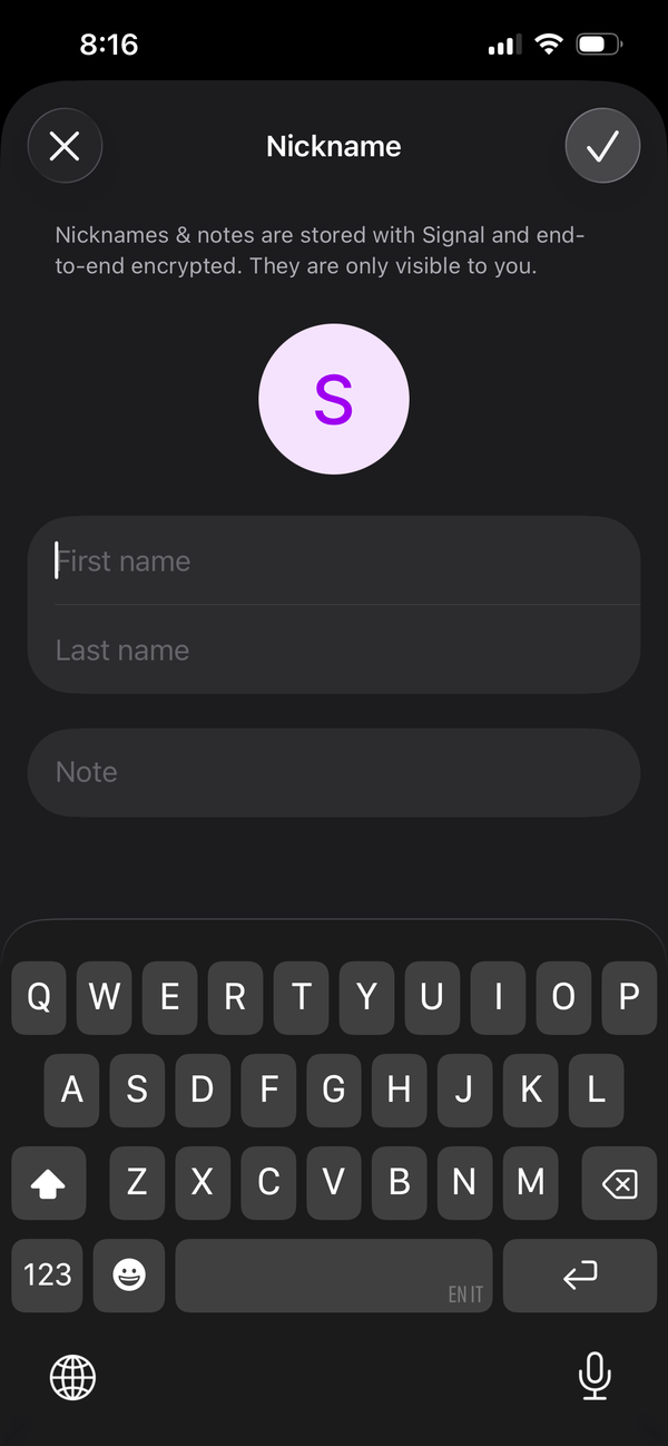 Signal app screenshot that shows the screen where Nicknames are set.