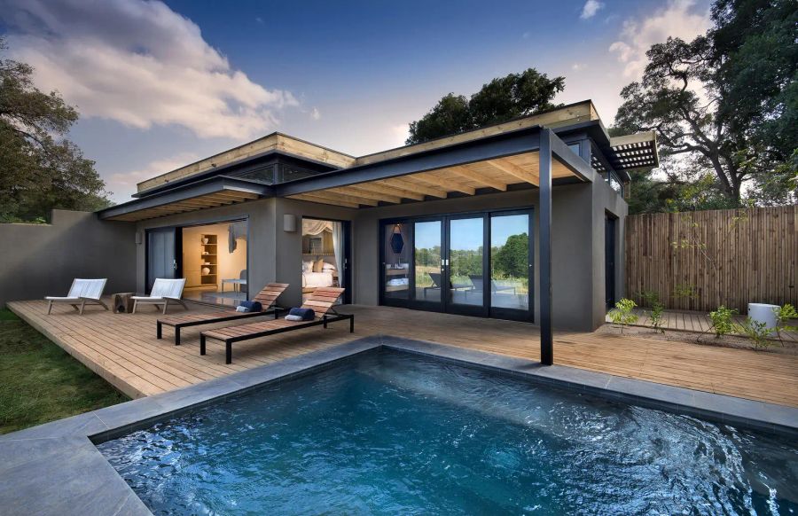 Modern suite with a private pool and timber deck at Lion Sands River Lodge, Sabi Sand