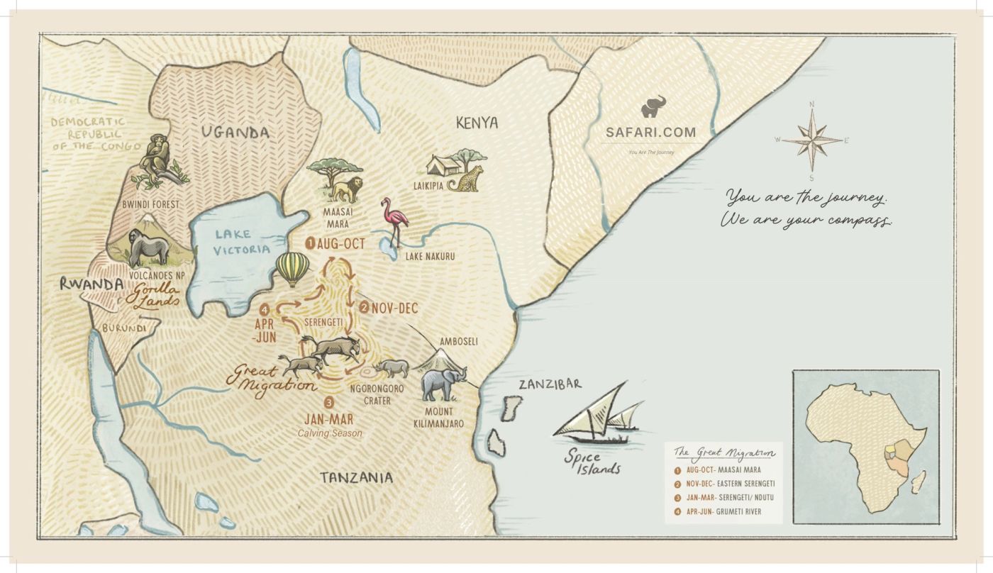 Hand-drawn safari map for Zanzibar