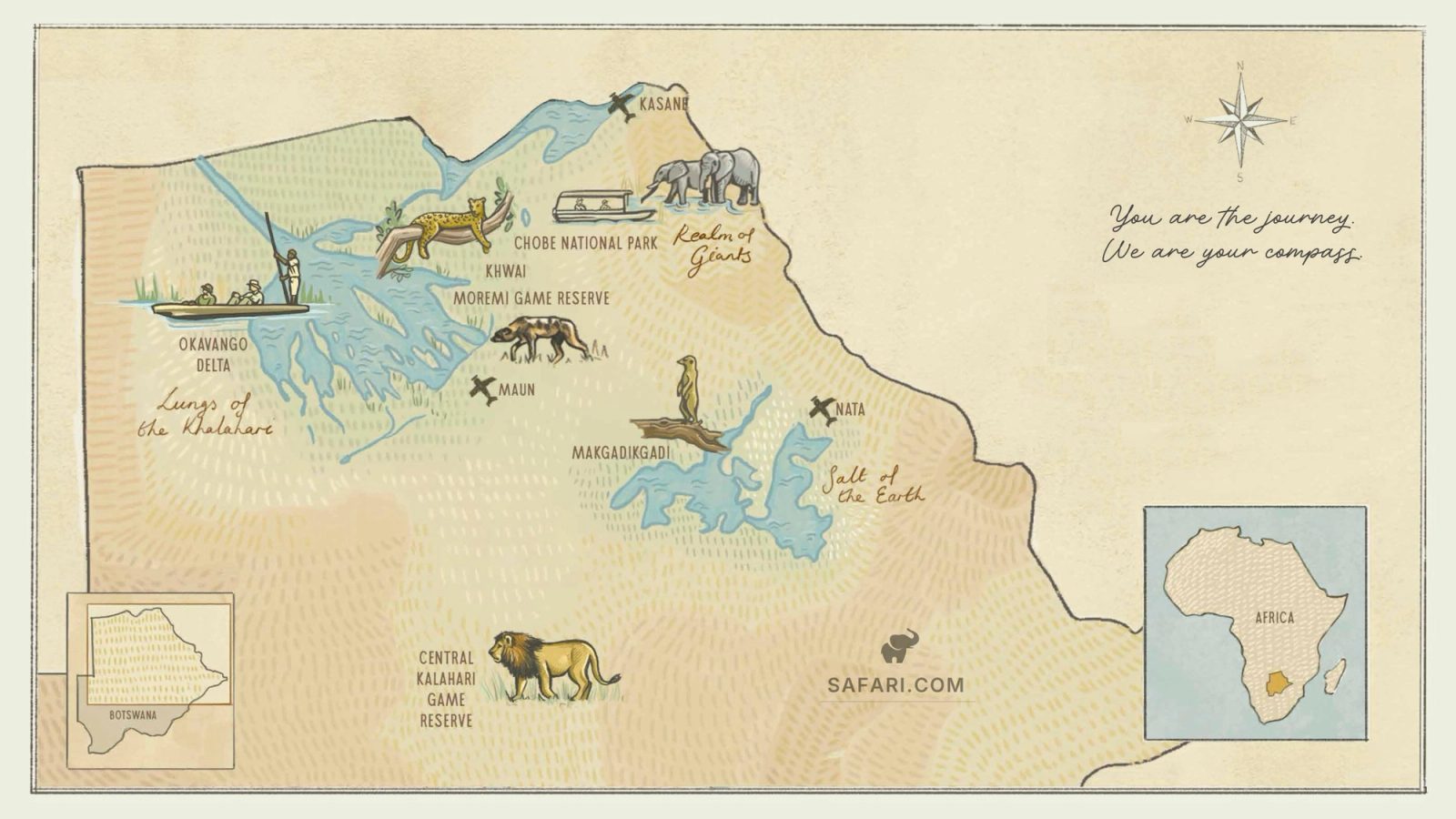 A hand-drawn map of Botswana showing the Okavango Delta, Chobe, Moremi, the Central Kalahari and the Makgadikgadi Pans