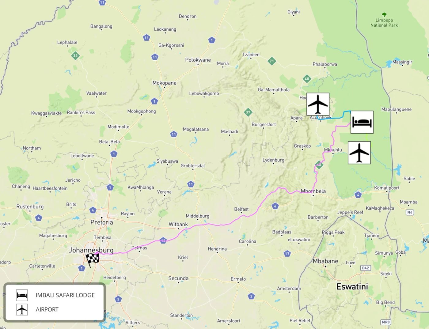 Map showing the location of Imbali Safari Lodge
