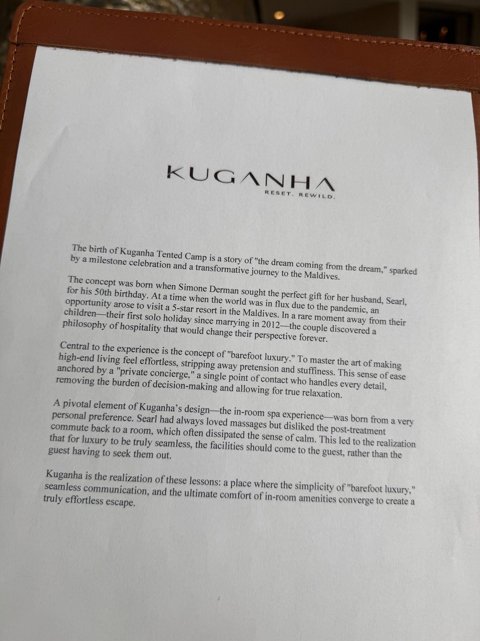 Printed card on Kuganha letterhead telling the story of how the retreat and its in-room spa concept came about