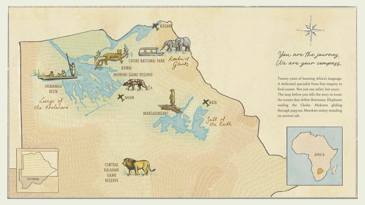 Hand-drawn safari map for Moremi Game Reserve