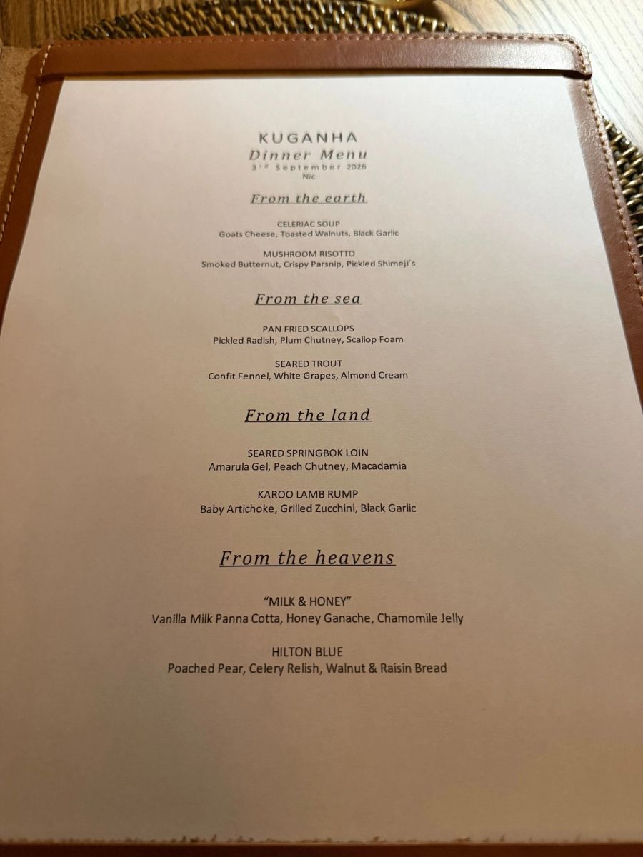 Kuganha dinner menu dated 3 September 2026 with courses headed From the earth, From the sea, From the land and From the heavens