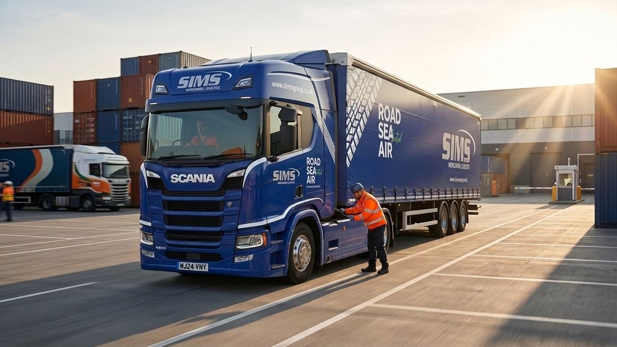 SIMS Scania truck being loaded in a container yard, illustrating UK-EU customs freight movement