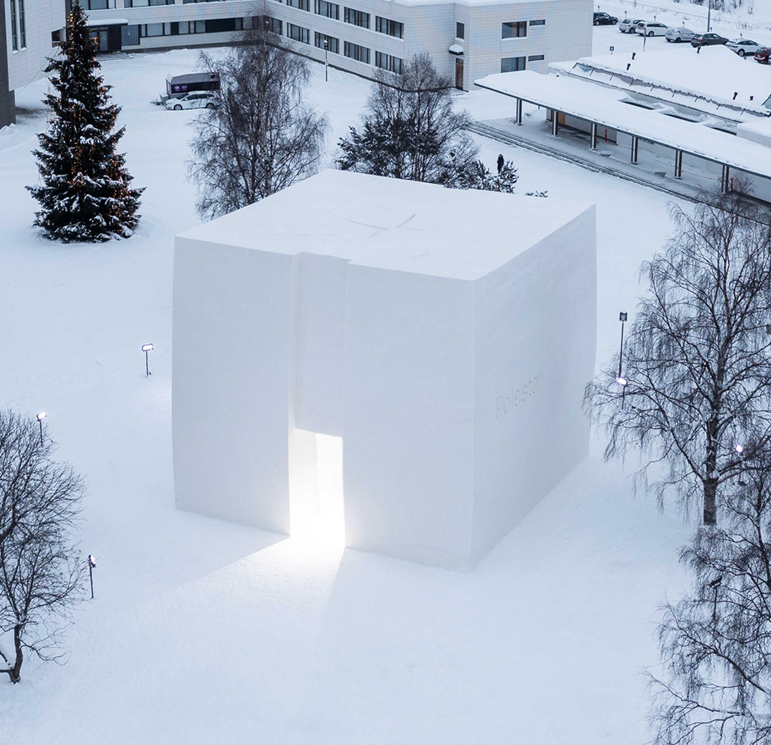 Giant Polestar car showroom entirely made of snow