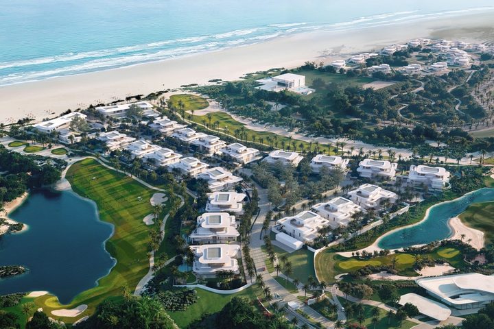 Aerial view of Faya Al Saadiyat, a coastal residential development between golf and beach in Abu Dhabi.