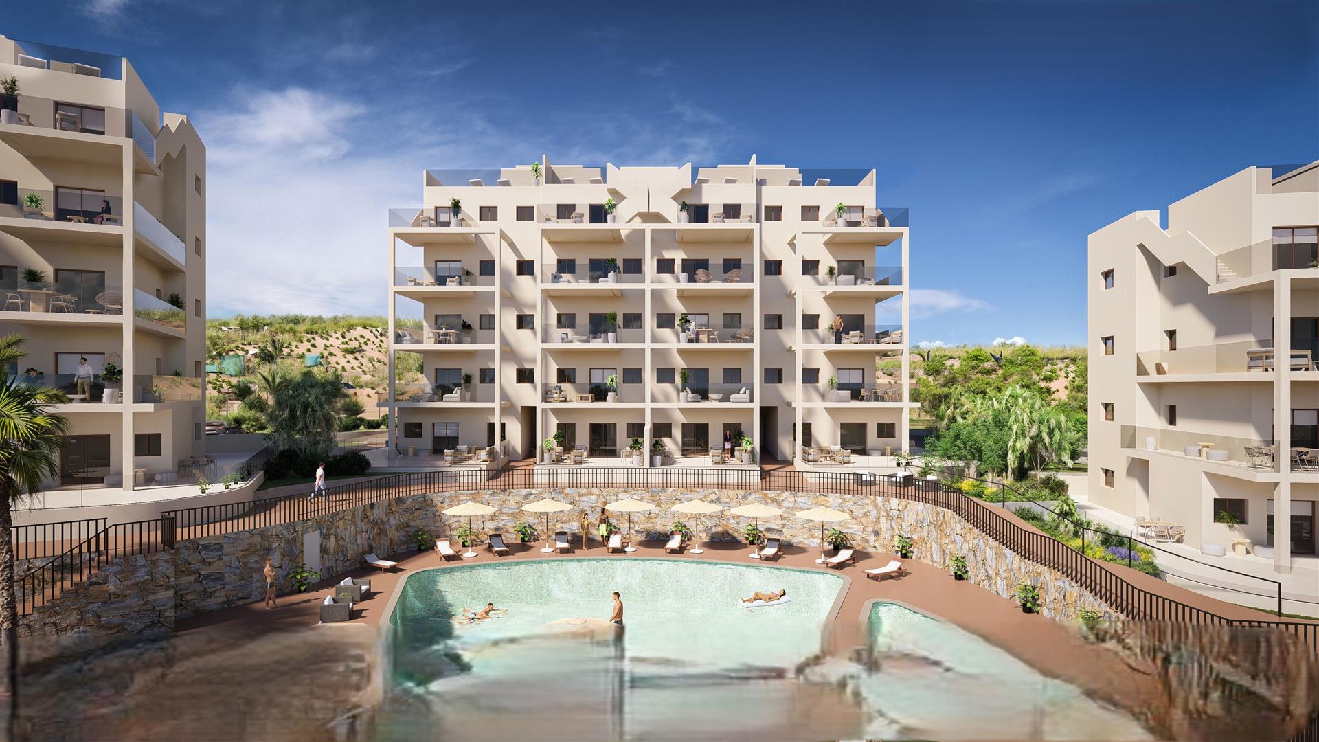 Computer-generated visual of the apartment blocks around the communal pool