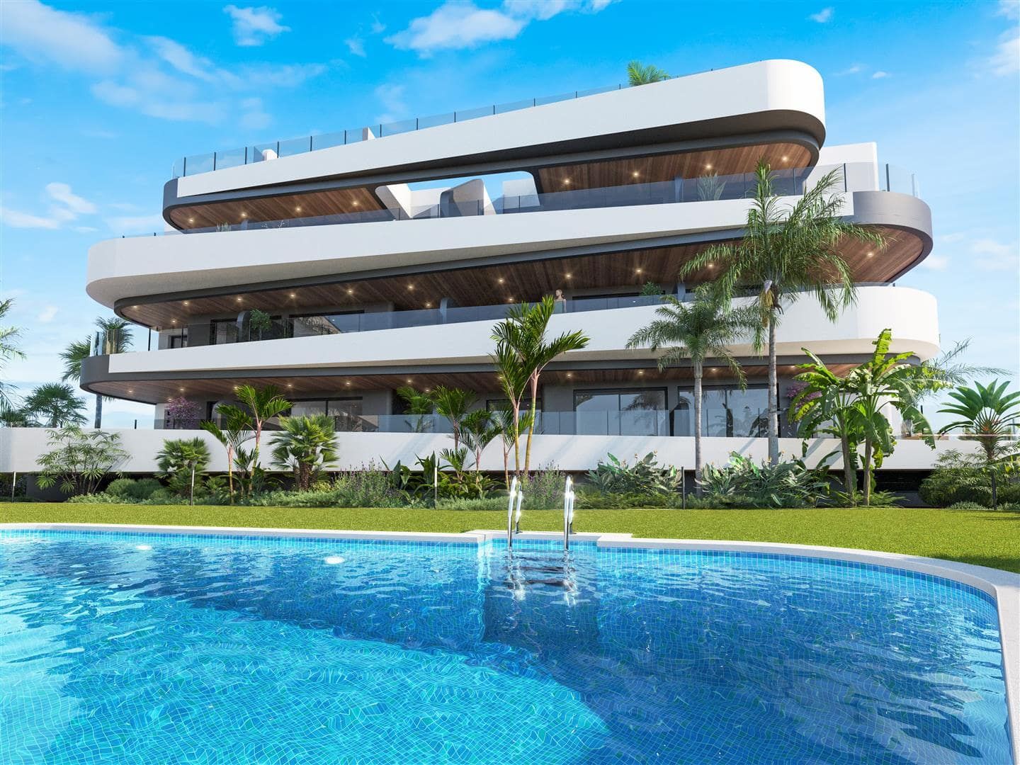 Illustrative rendering of a curved white apartment building viewed across a swimming pool
