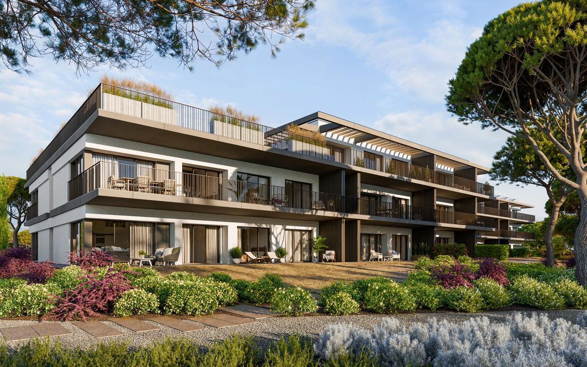 Architectural visualisation of Zestia apartments framed by landscaped gardens in Vilamoura, Portugal.