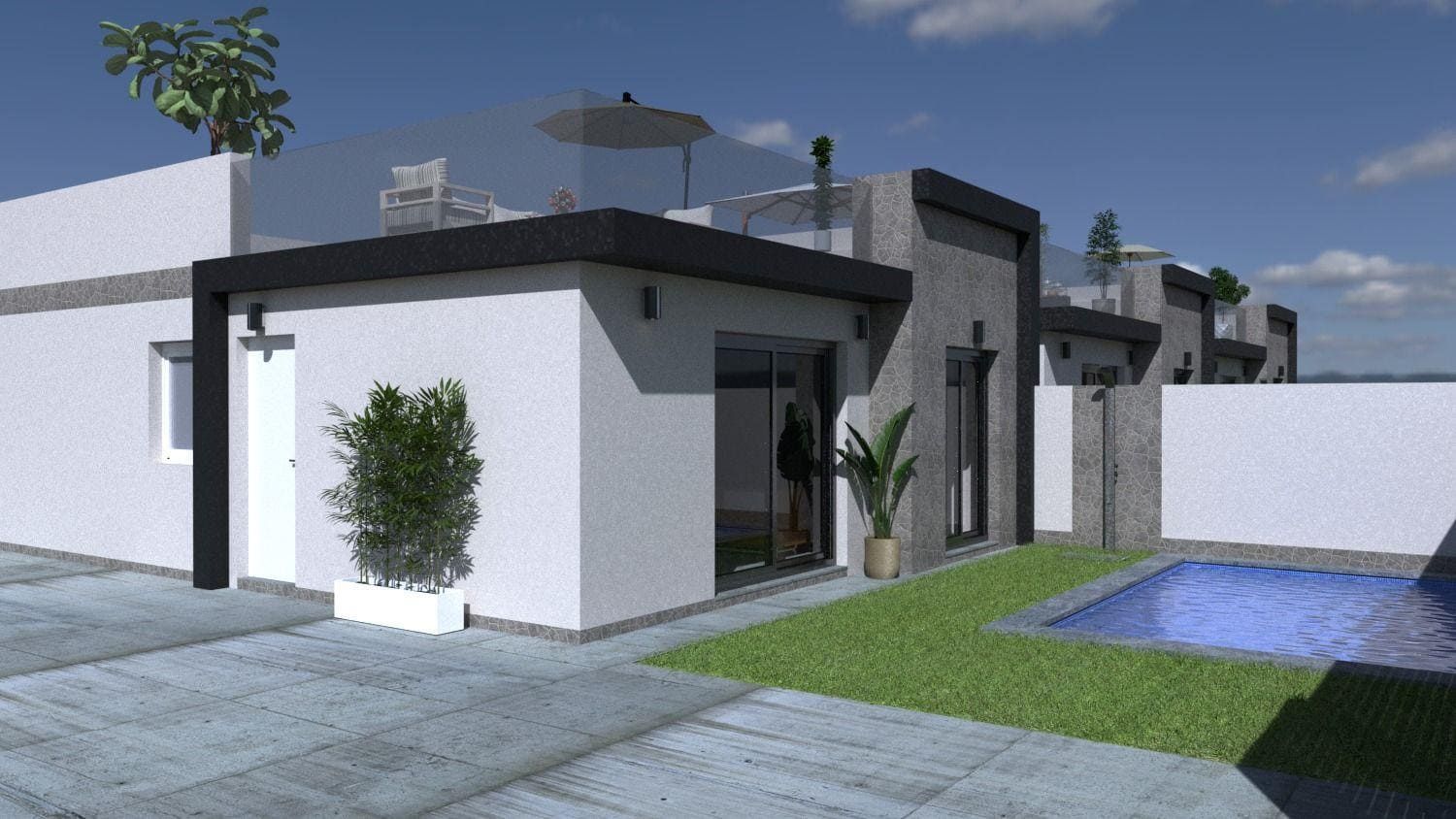 Representative rendering of a single-storey white villa with a swimming pool and roof terrace in daylight