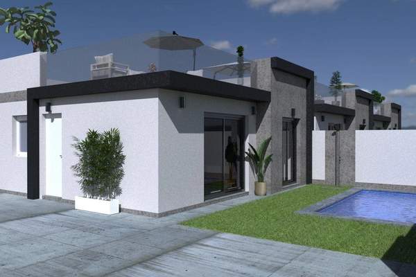 Representative rendering of a single-storey white villa with a swimming pool and roof terrace in daylight