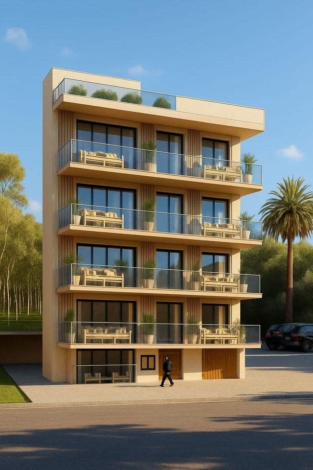 Representative daylight rendering of a contemporary apartment building with balconies